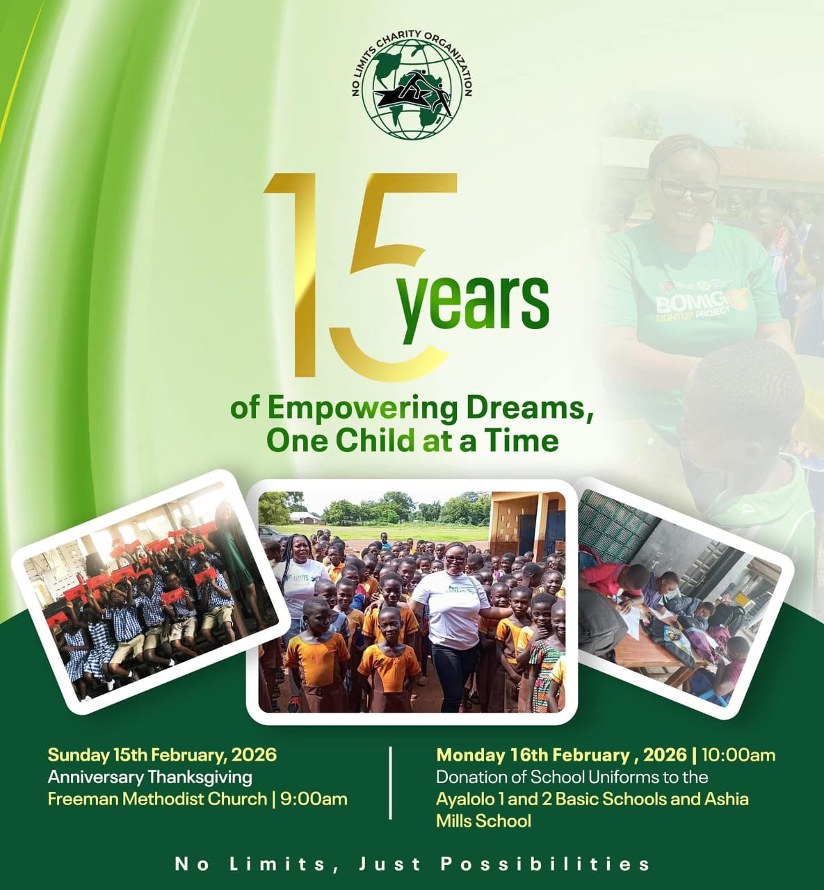 NO Limits Charity Organization is donating school uniforms to 350 children in Ayalolo 1 & 2 and Ashia Mills School tomorrow morning to mark our 15th anniversary. We are also empowering local tailors and seamstresses to sew the uniforms, creating jobs for young entrepreneurs in the community.